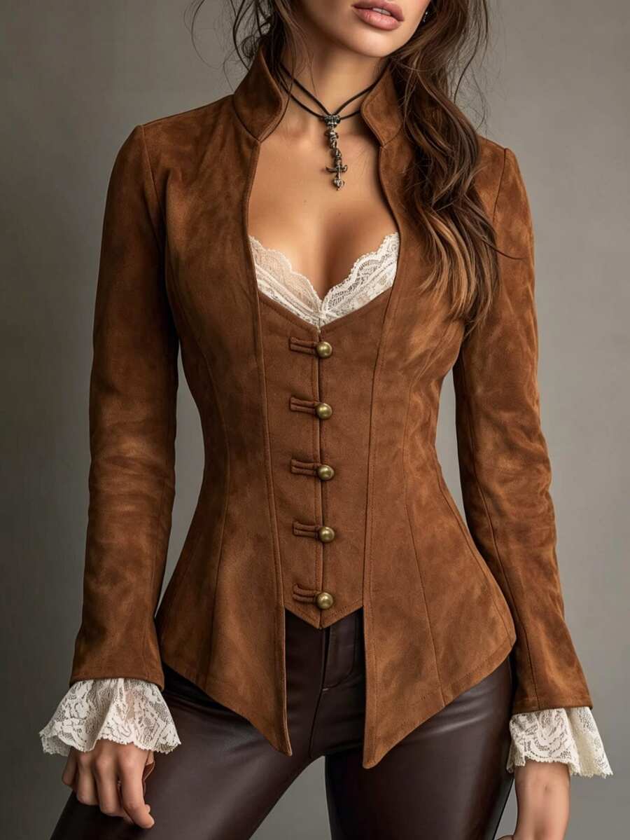 SHEIN Women's Solid Color Casual Versatile Daily Long Sleeve Jacket - Brown - View 1