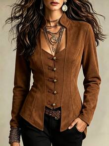 SHEIN Women's Solid Color Casual Versatile Daily Long Sleeve Jacket - Brown - View 3