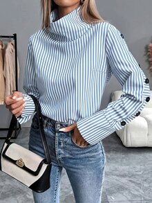 SHEIN PariChic 秋冬優雅女款休閒襯衫，鈕扣式藍色條紋襯衫，正式商務、派對、生日、鄉村、萬聖節、節慶、外出、畢業 - 淺藍色 - 查看 4
