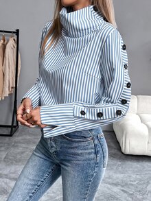 SHEIN PariChic 秋冬優雅女款休閒襯衫，鈕扣式藍色條紋襯衫，正式商務、派對、生日、鄉村、萬聖節、節慶、外出、畢業 - 淺藍色 - 查看 5