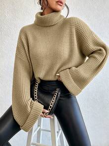 SHEIN Holidaya Women's Solid Color High Neck Drop Shoulder Long Sleeve Casual Pullover Sweater - Camel - View 3
