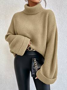 SHEIN Holidaya Women's Solid Color High Neck Drop Shoulder Long Sleeve Casual Pullover Sweater - Camel - View 7