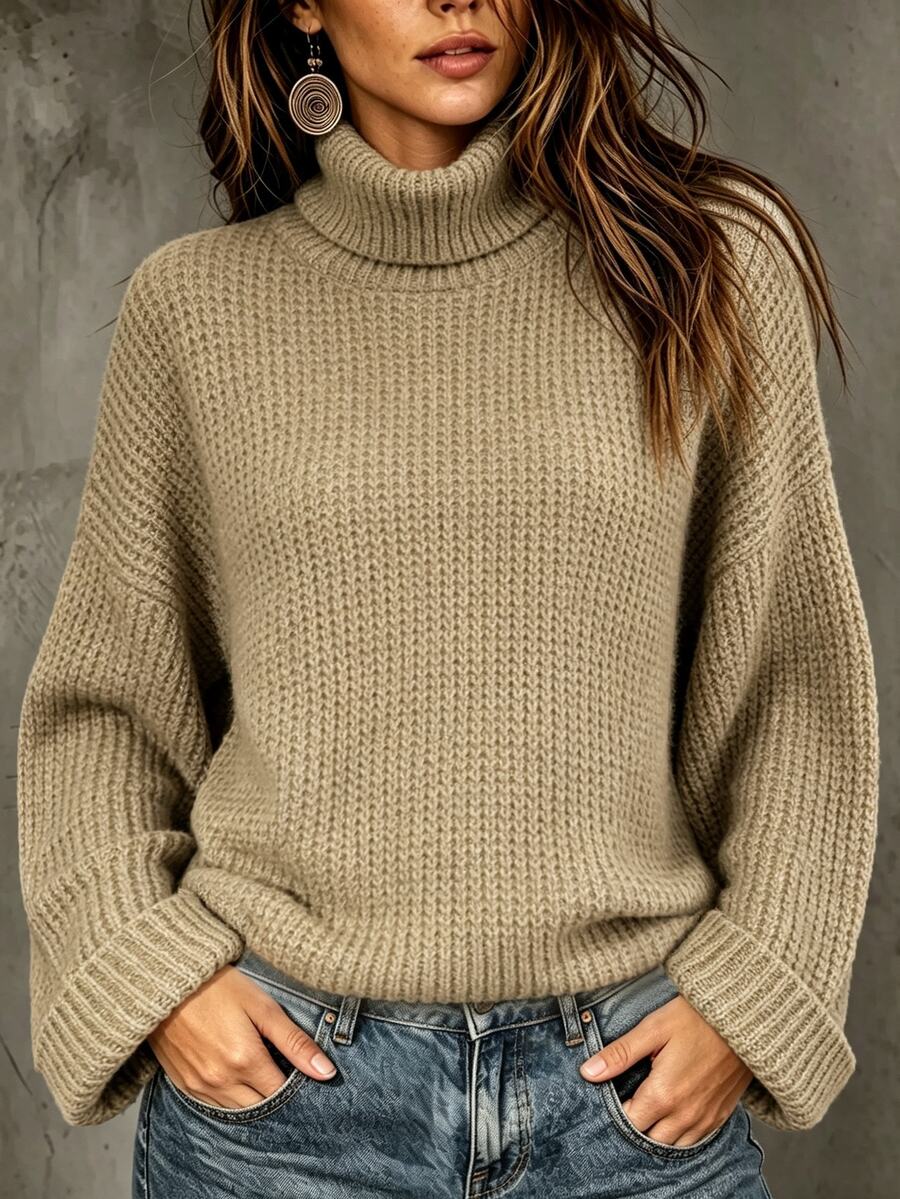 SHEIN Holidaya Women's Solid Color High Neck Drop Shoulder Long Sleeve Casual Pullover Sweater - Camel - View 1