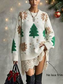 SHEIN Excl. Baby & Kids Fall Christmas 3D Fuzzy Snowflake Tree Pattern Round Neck Long Sleeve Women's Boho Cute Casual Loose Off-White Sweater Day Time - Multicolor - View 3