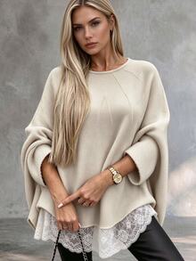 SHEIN Women's Lace Patchwork Casual Versatile Daily Wear Long Sleeve Sweater Brunch Apricot Autumn Renaissance - Khaki - View 3