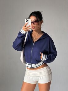 StreetHx Women's Patchwork Striped Drop Shoulder Long Sleeve Zip-Up Hooded Sweatshirt Fall - Navy Blue - View 6