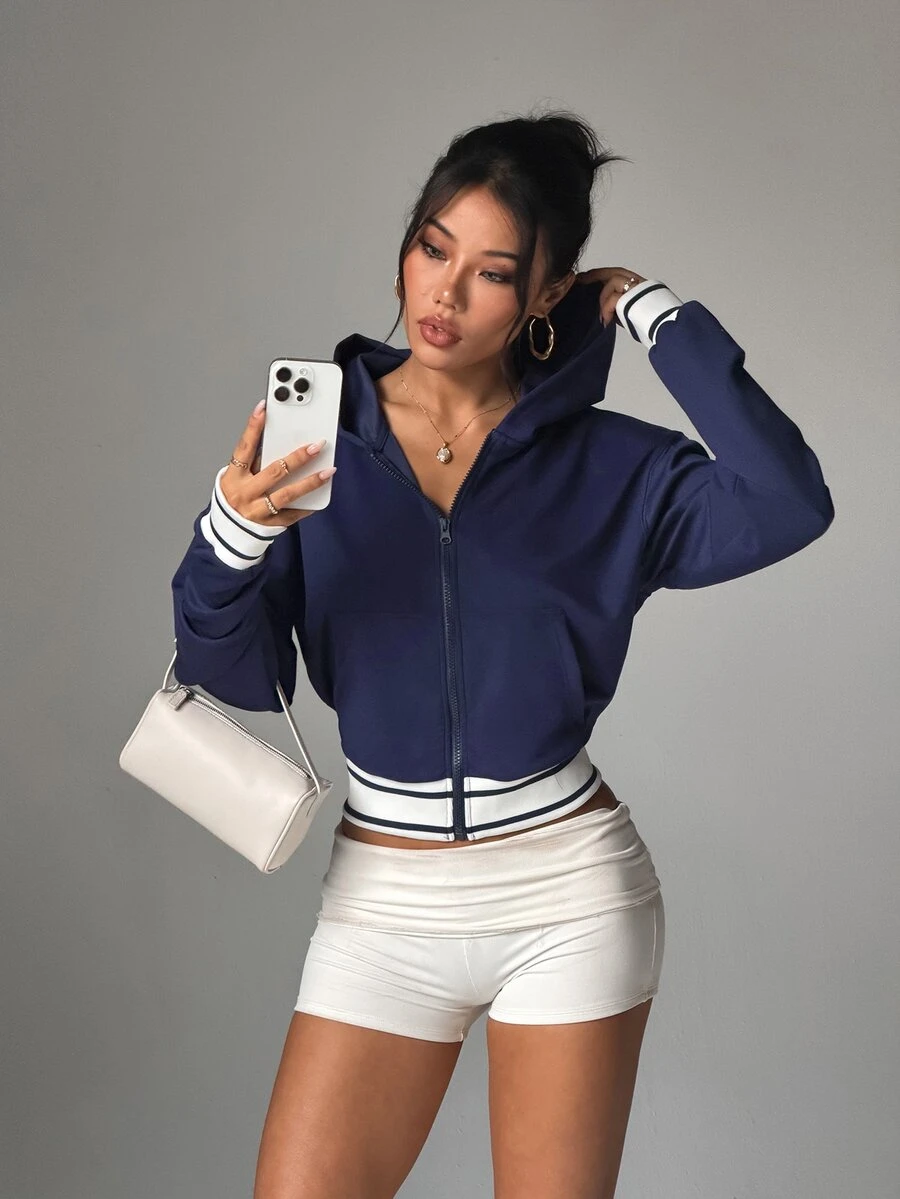 StreetHx Women's Patchwork Striped Drop Shoulder Long Sleeve Zip-Up Hooded Sweatshirt Fall - Navy Blue - View 1