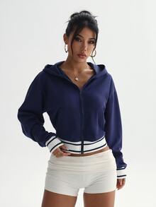 StreetHx Women's Patchwork Striped Drop Shoulder Long Sleeve Zip-Up Hooded Sweatshirt Fall - Navy Blue - View 3