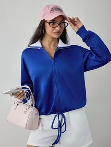 Dewbera Dewbera Women's Zipper Drawstring Long Sleeve Sports Sweatshirt Streetwear - Royal Blue - View 4