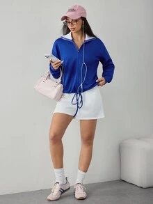 Dewbera Dewbera Women's Zipper Drawstring Long Sleeve Sports Sweatshirt Streetwear - Royal Blue - View 5