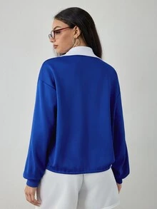 Dewbera Dewbera Women's Zipper Drawstring Long Sleeve Sports Sweatshirt Streetwear - Royal Blue - View 2