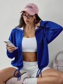 Dewbera Dewbera Women's Zipper Drawstring Long Sleeve Sports Sweatshirt Streetwear - Royal Blue - View 7
