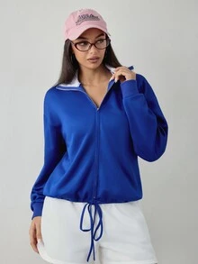 Dewbera Dewbera Women's Zipper Drawstring Long Sleeve Sports Sweatshirt Streetwear - Royal Blue - View 1