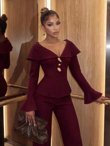 SHEIN SXY Women's Metal Button Placket Bell Sleeve Jacket And Flared Pants Elegant Suit Set - Brown - View 6