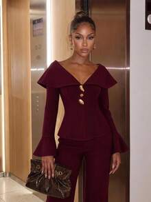 SHEIN SXY Women's Metal Button Placket Bell Sleeve Jacket And Flared Pants Elegant Suit Set - Brown - View 4