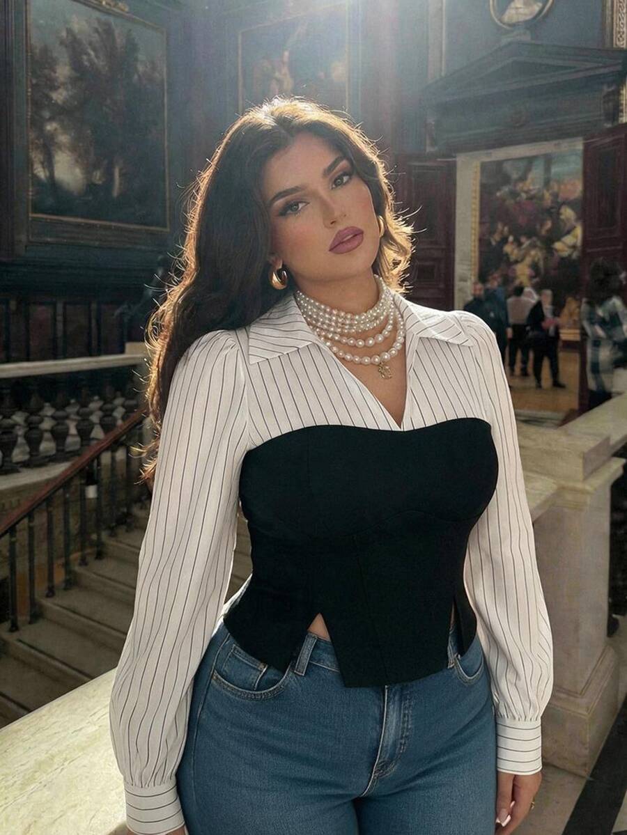 SHEIN MOD Plus Size Black & White Color Block Striped Patchwork Asymmetric Hemline Slit Fitted Halter Shirt Fall - Black and White - View 1