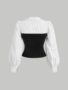 SHEIN MOD Plus Size Black & White Color Block Striped Patchwork Asymmetric Hemline Slit Fitted Halter Shirt Fall - Black and White - View 3