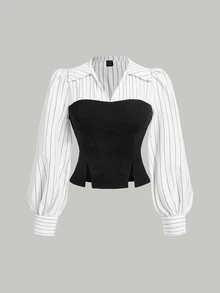SHEIN MOD Plus Size Black & White Color Block Striped Patchwork Asymmetric Hemline Slit Fitted Halter Shirt Fall - Black and White - View 2