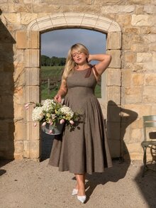 SHEIN MOD Plus Size Crew Neck Sleeveless Contrast Trim Bow Decor Waist Flare Hem Khaki Casual Dress - Brown - View 8