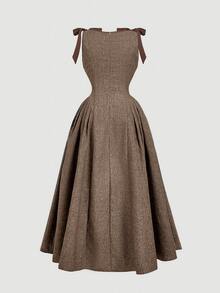 SHEIN MOD Plus Size Crew Neck Sleeveless Contrast Trim Bow Decor Waist Flare Hem Khaki Casual Dress - Brown - View 4