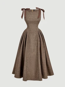 SHEIN MOD Plus Size Crew Neck Sleeveless Contrast Trim Bow Decor Waist Flare Hem Khaki Casual Dress - Brown - View 3