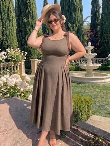 SHEIN MOD Plus Size Crew Neck Sleeveless Contrast Trim Bow Decor Waist Flare Hem Khaki Casual Dress - Brown - View 9