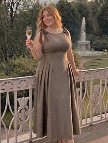 SHEIN MOD Plus Size Crew Neck Sleeveless Contrast Trim Bow Decor Waist Flare Hem Khaki Casual Dress - Brown - View 2