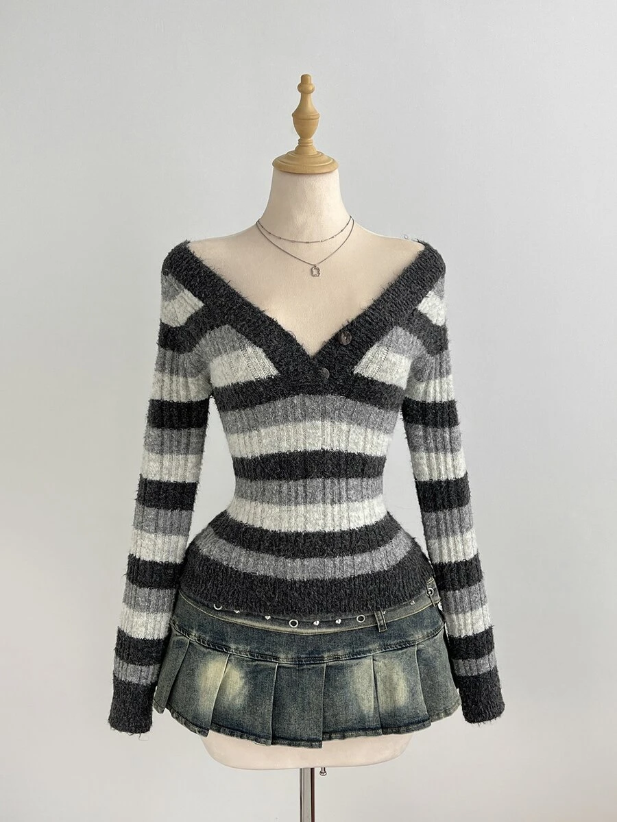 Elamini Women's Autumn/Winter Lazy Fashion Versatile Retro Striped Asymmetric Shoulder Button Sweater For Daily Commute And Gatherings - Multicolor - View 1
