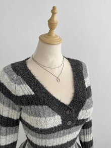 Elamini Women's Autumn/Winter Lazy Fashion Versatile Retro Striped Asymmetric Shoulder Button Sweater For Daily Commute And Gatherings - Multicolor - View 6