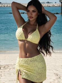 SHEIN Swim 3件組針織提花細肩帶綁帶金屬吊墜比基尼套裝，女款休閒無袖多色細肩帶短版比基尼，時尚綁帶紋理比基尼，側綁泳褲，向日葵綁帶沙灘裙，女款沙灘穿搭 - 淡黃色 - 查看 3