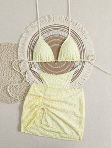 SHEIN Swim 3件組針織提花細肩帶綁帶金屬吊墜比基尼套裝，女款休閒無袖多色細肩帶短版比基尼，時尚綁帶紋理比基尼，側綁泳褲，向日葵綁帶沙灘裙，女款沙灘穿搭 - 淡黃色 - 查看 5