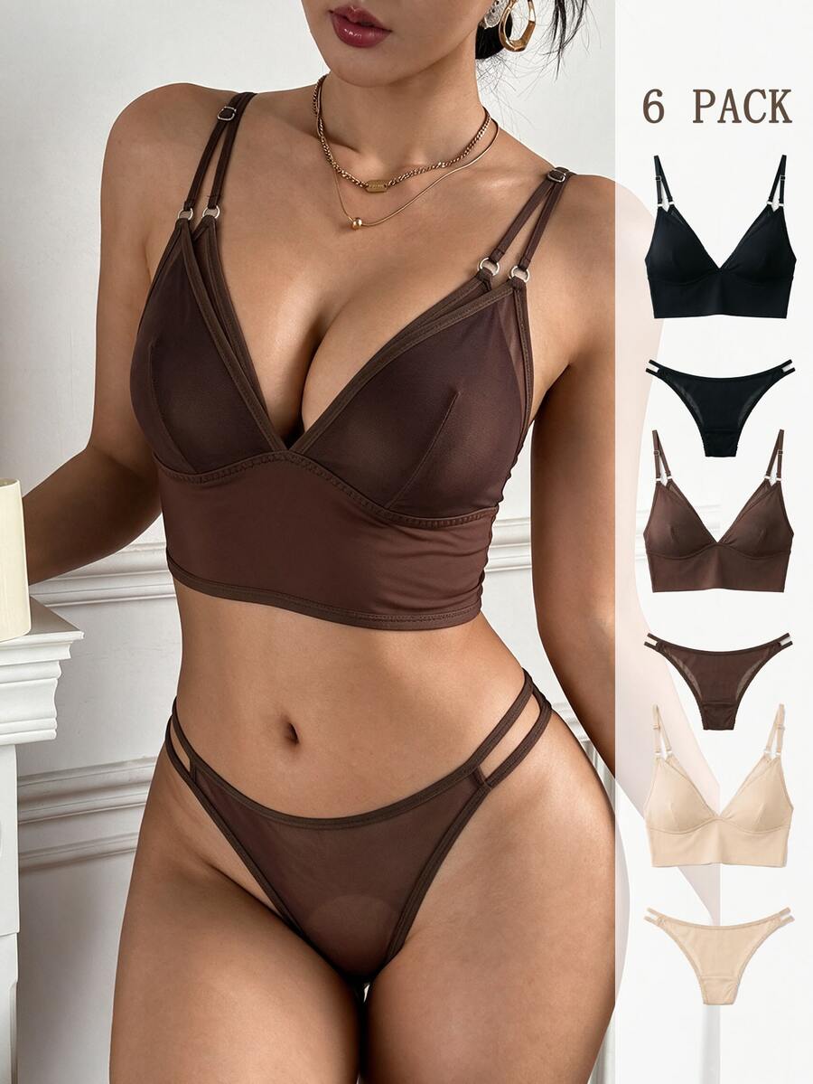 Napfluff 6pcs Casual Comfortable Fresh Triangle Cup Bra Set - Multicolor - View 1