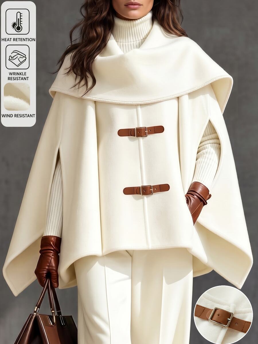 LUMIGAL Women's Cream Wool Blend Cape OverCoat , Leather Buckle Detail ...