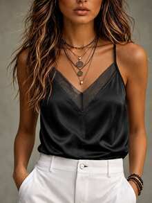 Trelyra Women's Mesh Patchwork Casual Daily Outing Camisole Top - Black - View 4