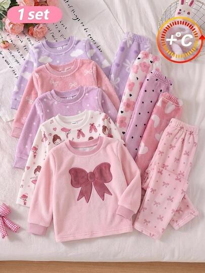 SHEIN Baby Girl Sweet Cute Style Bow Top With Allover Print Polka Dot Bow Pink Print Double-Sided Flannel Fabric Comfortable Soft Thick Fleece Lined Crew Neck 2 Pieces Set Loungewear Pajamas Autumn/Winter