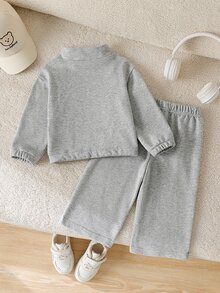 SHEIN Vintaside Kids 2 Pieces Girls Knitted Sweatshirt Single-Sided Fleece Half-Zip Pullover Top Casual Modest Matching Classic Versatile Grey Back To School Autumn Family - Grey - View 2
