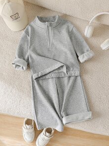 SHEIN Vintaside Kids 2 Pieces Girls Knitted Sweatshirt Single-Sided Fleece Half-Zip Pullover Top Casual Modest Matching Classic Versatile Grey Back To School Autumn Family - Grey - View 3