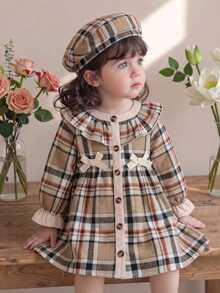 SHEIN Thanksgiving Baby Girls' Colorblock Plaid Pattern Ruffle Hem Bow Decor Dress Hat Set Fall Mommy And Me Christening Pink Cute Family Matching Party - Brown - View 1