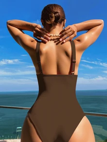SHEIN Swim 1pc Striped Special Fabric Criss-Cross Front One-Piece Swimsuit - Multicolor - View 2