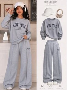 SHEIN 青少年女孩秋季街頭風休閒寬鬆保暖內裡衛衣套裝 紐約市印花套頭衫與運動長褲套裝 灰色 童裝 假期海灘 - 淺灰色 - 查看 1