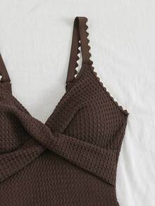 Swim Lushoire Striped Special Fabric Crossover One-Piece Swimsuit - Coffee Brown - View 5