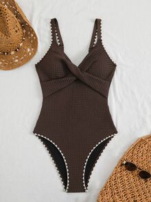 Swim Lushoire Striped Special Fabric Crossover One-Piece Swimsuit - Coffee Brown - View 4