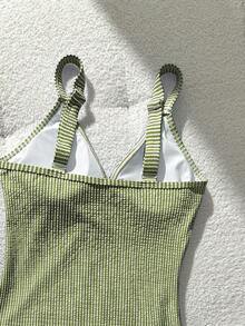 Swim Lushoire Striped Special Fabric Criss-Cross Chest One-Piece Swimsuit - Army Green - View 5