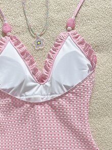 Swim Vcay 女童特制粉色蕾丝吊带连体泳衣 - 彩色 - 查看 5