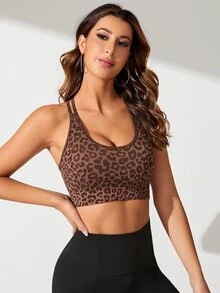 Slayform Slayform Leopard Print Crisscross Backless Sports Bra - Coffee Brown - View 5