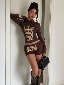Aloruh 女款高腰金屬扣環綁帶棕色短褲 性感派對夜店街頭風 - 咖啡棕 - 查看 1