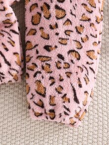 SHEIN Tween Girl Long Sleeve Fleece Fashionable Cute Pink Leopard Print Ear Hooded Jumpsuits - Multicolor - View 7