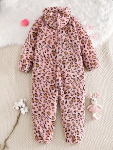 SHEIN Tween Girl Long Sleeve Fleece Fashionable Cute Pink Leopard Print Ear Hooded Jumpsuits - Multicolor - View 2