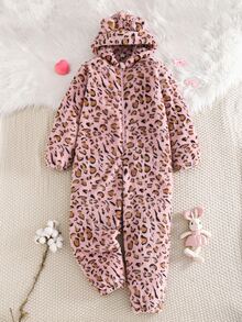 SHEIN Tween Girl Long Sleeve Fleece Fashionable Cute Pink Leopard Print Ear Hooded Jumpsuits - Multicolor - View 3