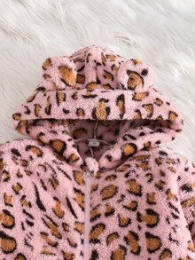 SHEIN Tween Girl Long Sleeve Fleece Fashionable Cute Pink Leopard Print Ear Hooded Jumpsuits - Multicolor - View 4